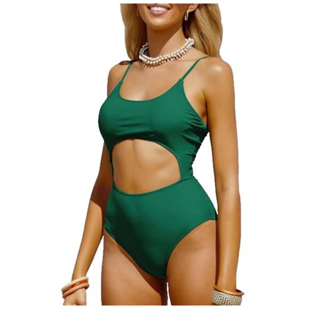 NEW Army Green One Piece Scoop Neck Front Cutout Back Lace Up Monokini Women's S